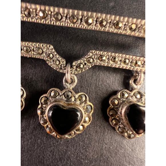Vintage black onyx hearts and marcasite sterling silver pin brooch - Picture 7 of 11